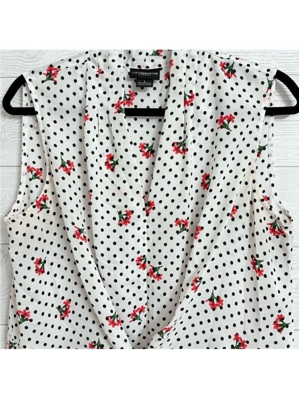 Liz Claiborne Career Women’s White Polka Dot5 Floral Sleeveless Blouse. Size L - Picture 4 of 7